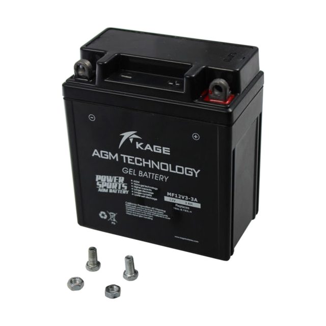 Batería de moto YB3L-B de gel, batería de moto YB3L-B vista de frente con sus dos bornes