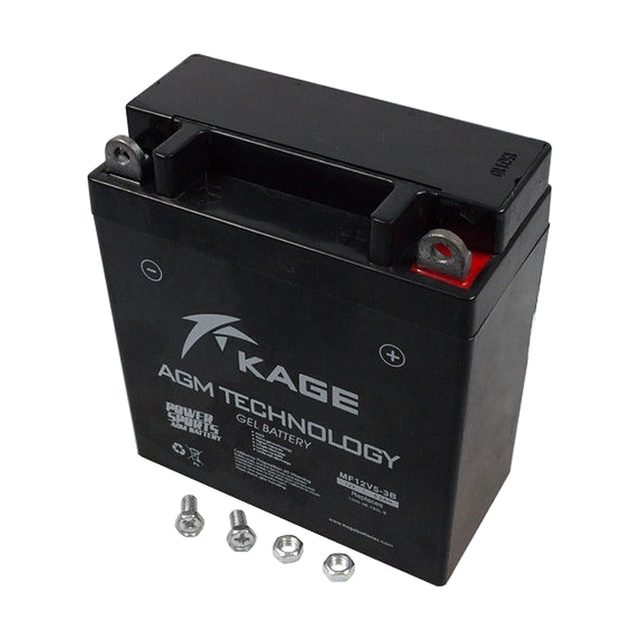 Batería de moto YB5L-B de gel, batería de moto YB5L-B vista de frente con sus dos bornes