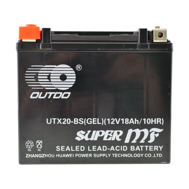Batería de moto YTX20-BS de gel, batería de moto YTX20-BS vista de frente con sus dos bornes