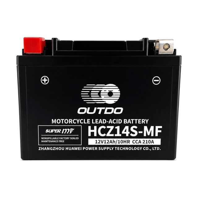 OUTDO HCZ14S-MF, batería de moto YTZ14S vista de frente con sus dos bornes