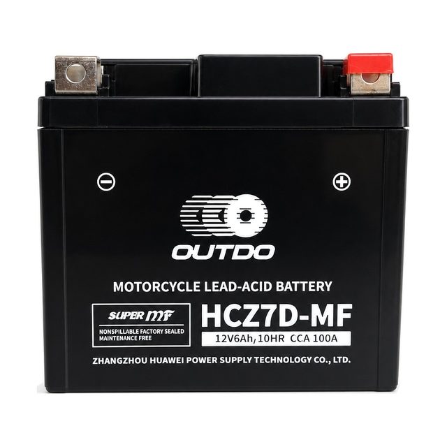 OUTDO HCZ7D-MF, batería de moto YTZ7S vista de frente con sus dos bornes