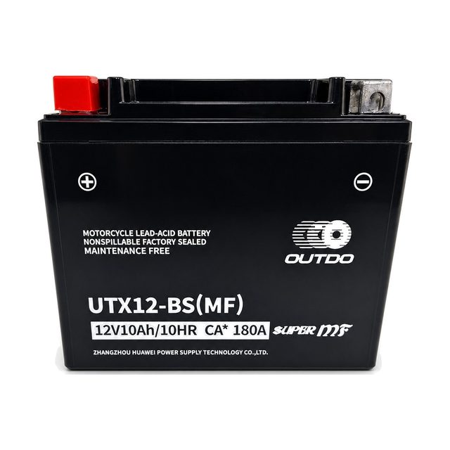 OUTDO UTX12-BS, batería de moto YTX12-BS vista de frente con sus dos bornes