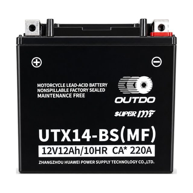 OUTDO UTX14-BS, batería de moto YTX14-BS vista de frente con sus dos bornes