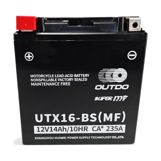 OUTDO UTX16-BS, batería de moto YTX16-BS vista de frente con sus dos bornes