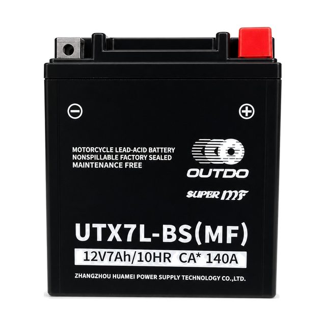OUTDO UTX7L-BS, batería de moto YTX7L-BS vista de frente con sus dos bornes