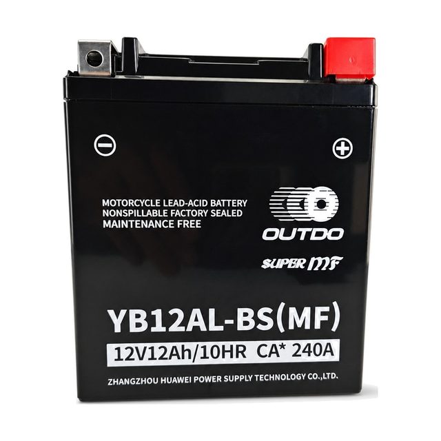 OUTDO YB12AL-BS, batería de moto YB12AL-A2 vista de frente con sus dos bornes