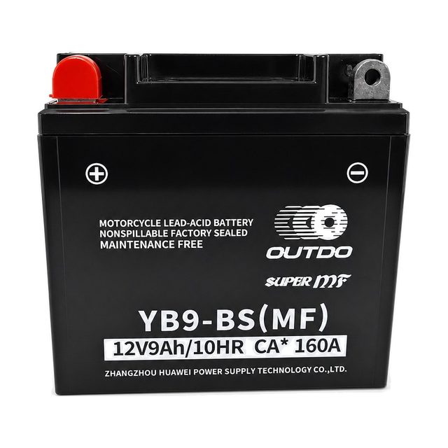 OUTDO YB9-BS, batería de moto YB9-B vista de frente con sus dos bornes
