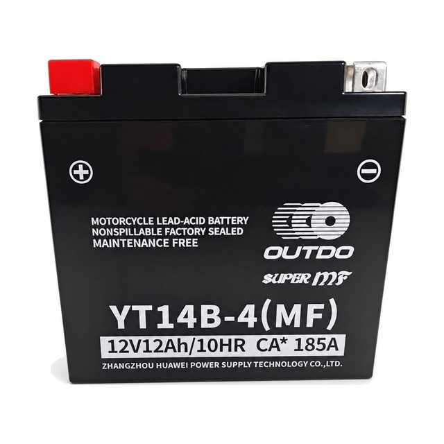 OUTDO YT14B-4, batería de moto YT14B-BS vista de frente con sus dos bornes