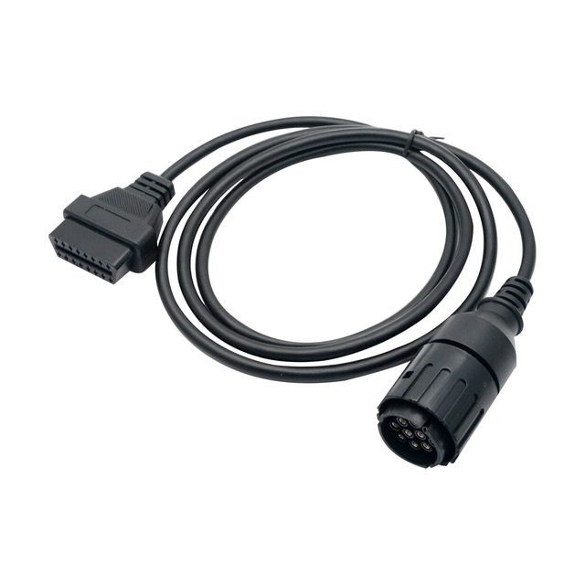 Cable adaptador negro para moto BMW, enrollado, con el conector redondo de 10 pines en un extremo y la toma OBD2 de 16 pines en el otro