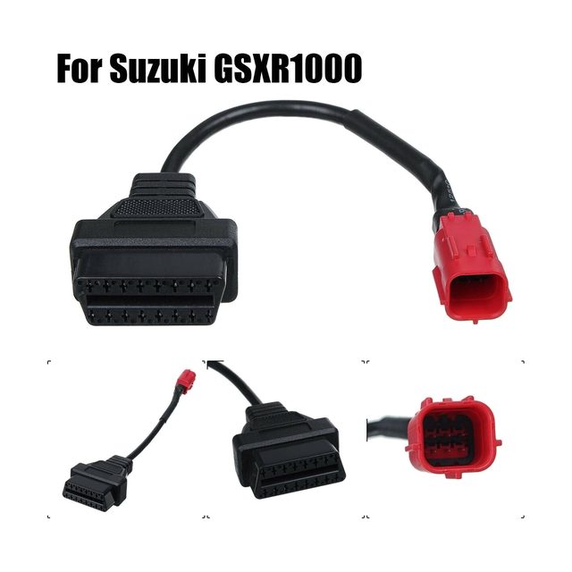 Cable adaptador corto para moto Suzuki con conector rojo de 6 pines y toma OBD2 negra de 16 pines