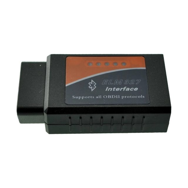 Adaptador ELM327 Bluetooth v1.5 negro con etiqueta naranja y conector OBD2 de 16 pines