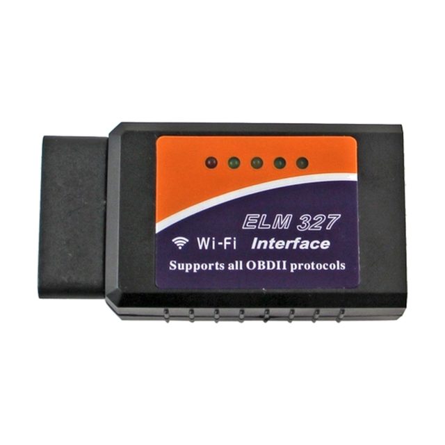 Adaptador ELM327 WiFi negro con etiqueta naranja