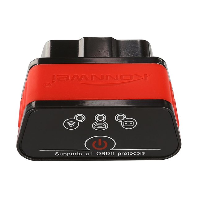 Adaptador Konnwei KW903 negro y rojo visto de frente, con el botón de encendido y tres luces