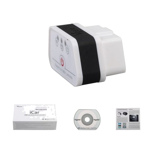 Vgate iCar2 WiFi con su caja, el CD y el manual