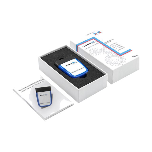 Vgate vLinker BM+ azul y blanco dentro de su caja abierta, junto al manual