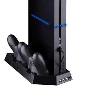 4 En 1 Soporte Vertical PS4 con Ventilador, Hub USB y Cargador para 2 Mandos