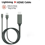 Cable adaptador Lightning a HDMI conectado a iPhone y televisor