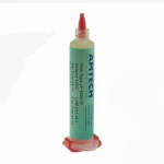 Detalle del frasco Amtech LF-4300-TF 10cc flux mostrando etiqueta y código de barras