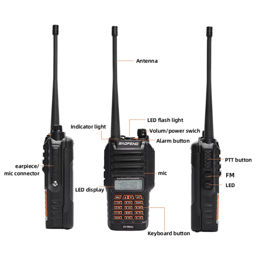 Dispositivo Baofeng UV9R Plus mostrando 160 canales y doble banda VHF UHF