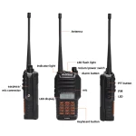 Dispositivo Baofeng UV9R Plus mostrando 160 canales y doble banda VHF UHF