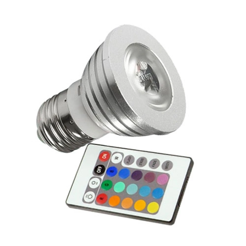Bombilla Led RGB E27 3W con mando a distancia para iluminación versátil