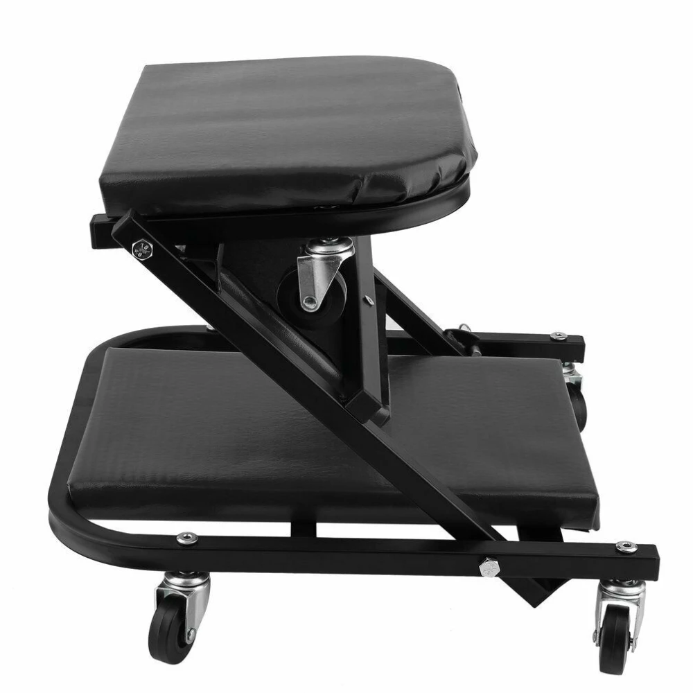 Camilla mecánico silla plegable acolchada con ruedas mostrando diseño plegable y ruedas giratorias