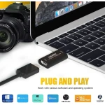 Capturadora de video USB HDMI mostrando conexión a PC para grabación