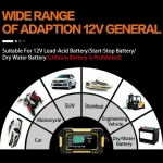 Vista trasera del cargador inteligente de batería 12V 6A mostrando conexiones y etiquetas