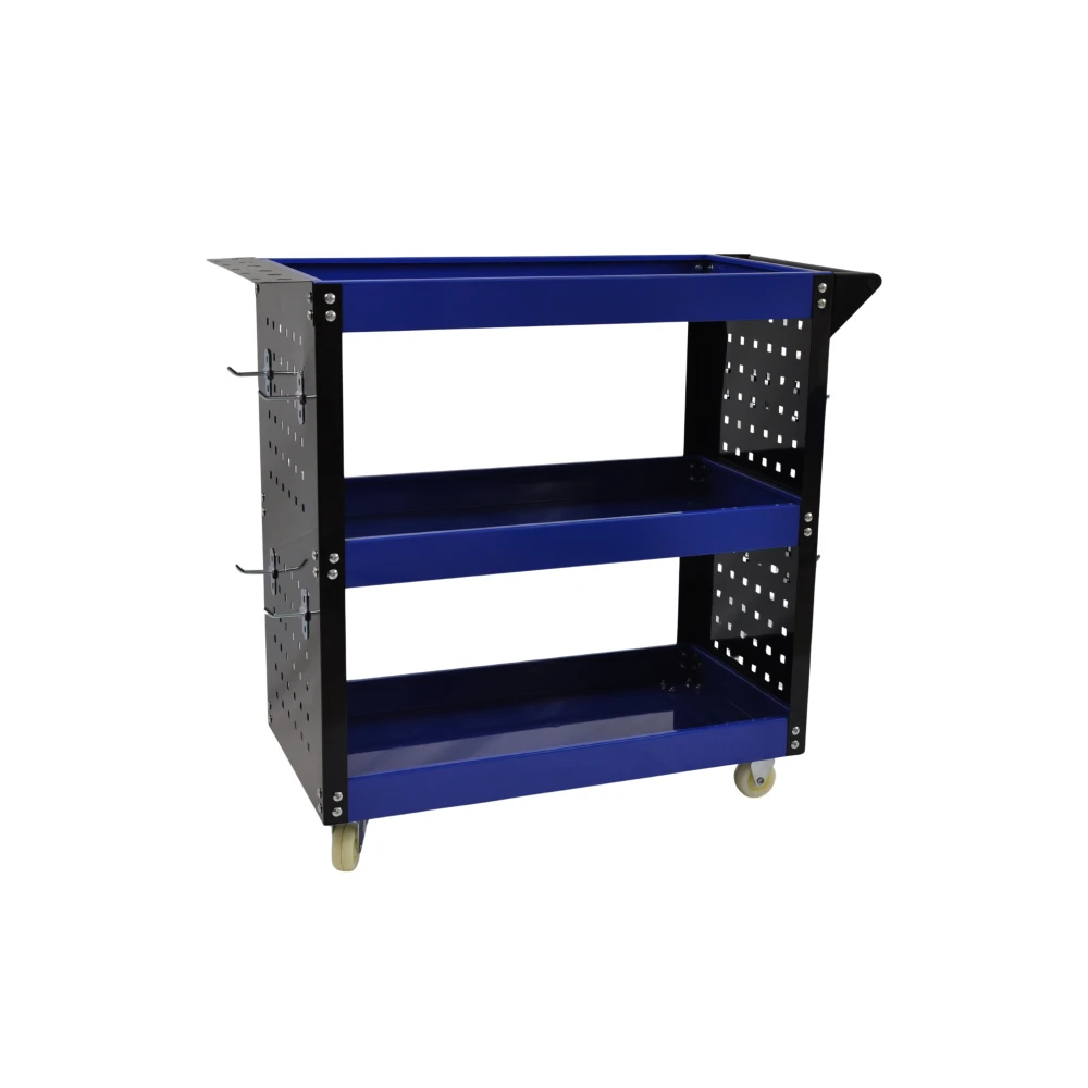 Carro de Taller Profesional 3 Baldas con Bandejas Laterales y Ganchos para Organizar tu Taller