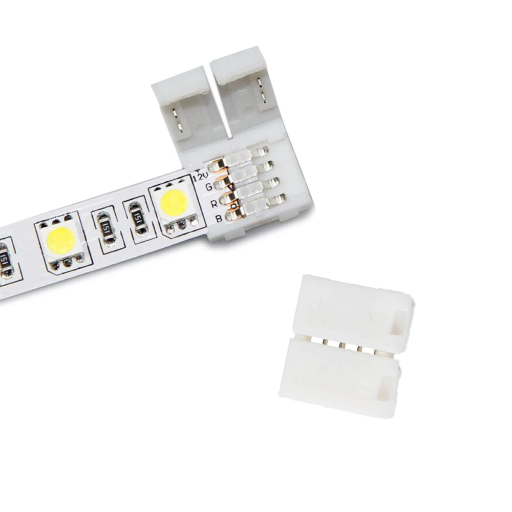Detalle del conector clip LED 4 pin 10mm 5050 RGB instalado en tira LED