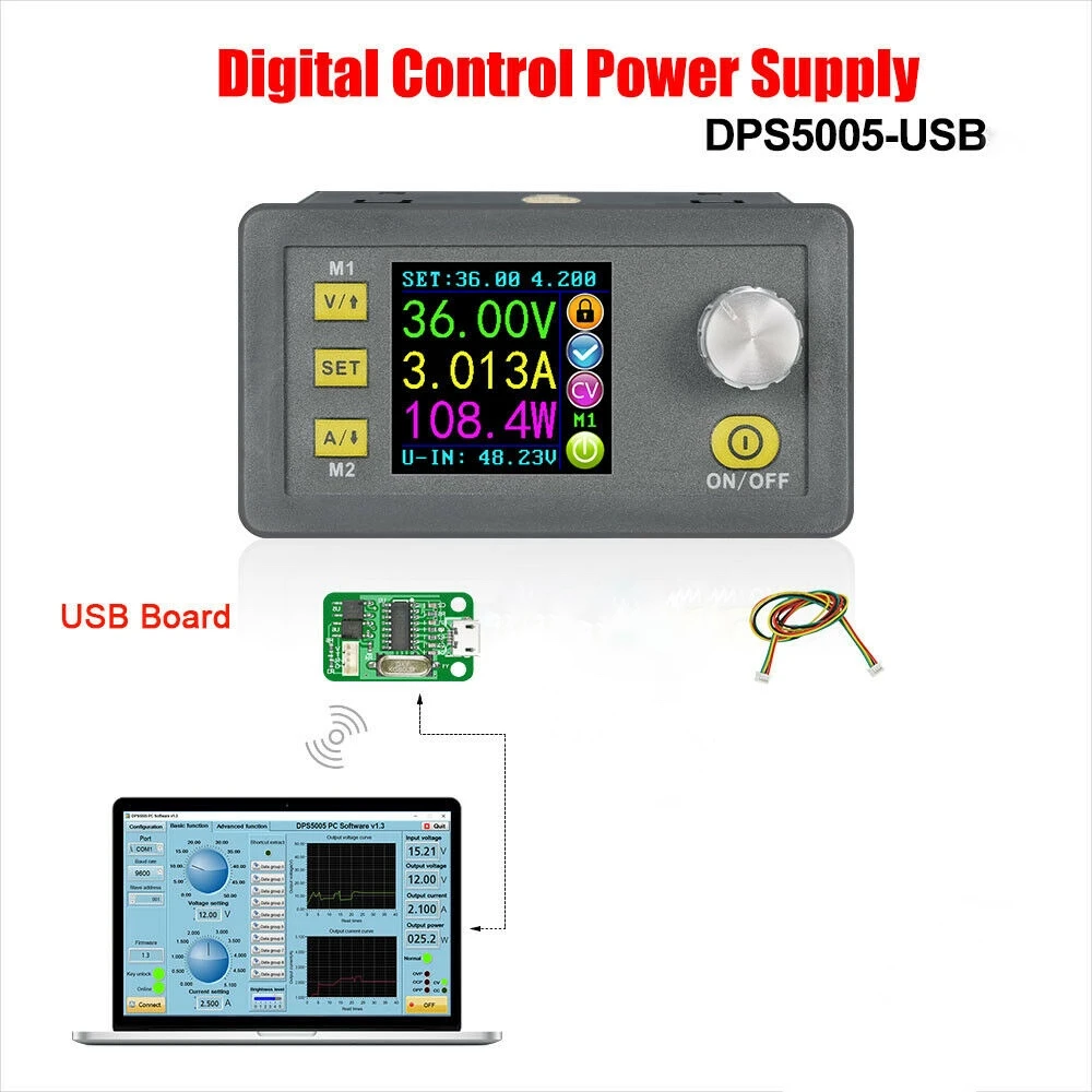 Vista lateral del módulo de alimentación regulable DPS5005-USB