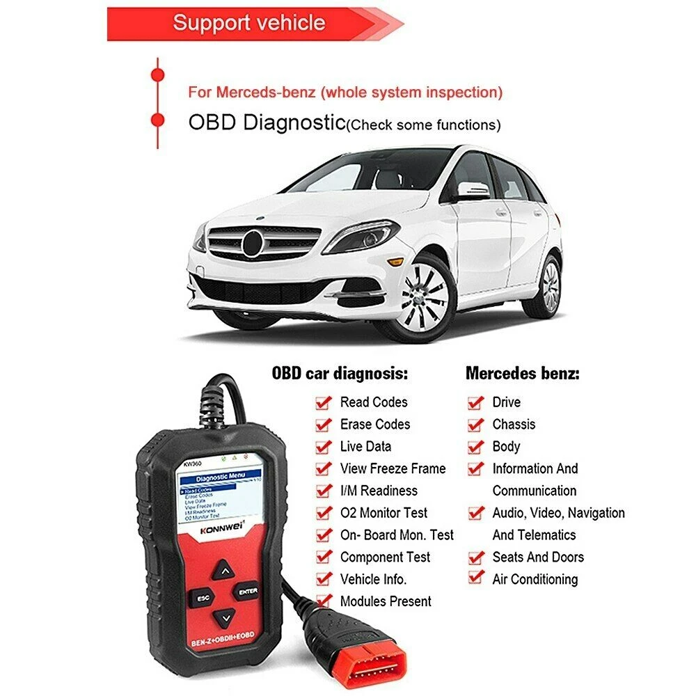 Escaner de Diagnostico Mercedes Benz Konnwei KW360 12V Sistema Completo