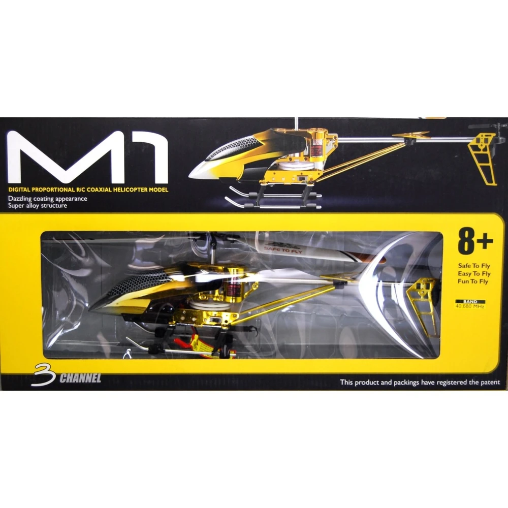 Vista frontal del helicóptero radio control M-1 V2 color dorado