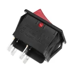 Vista frontal del interruptor basculante KCD4-202N con neon y pulsador rojo