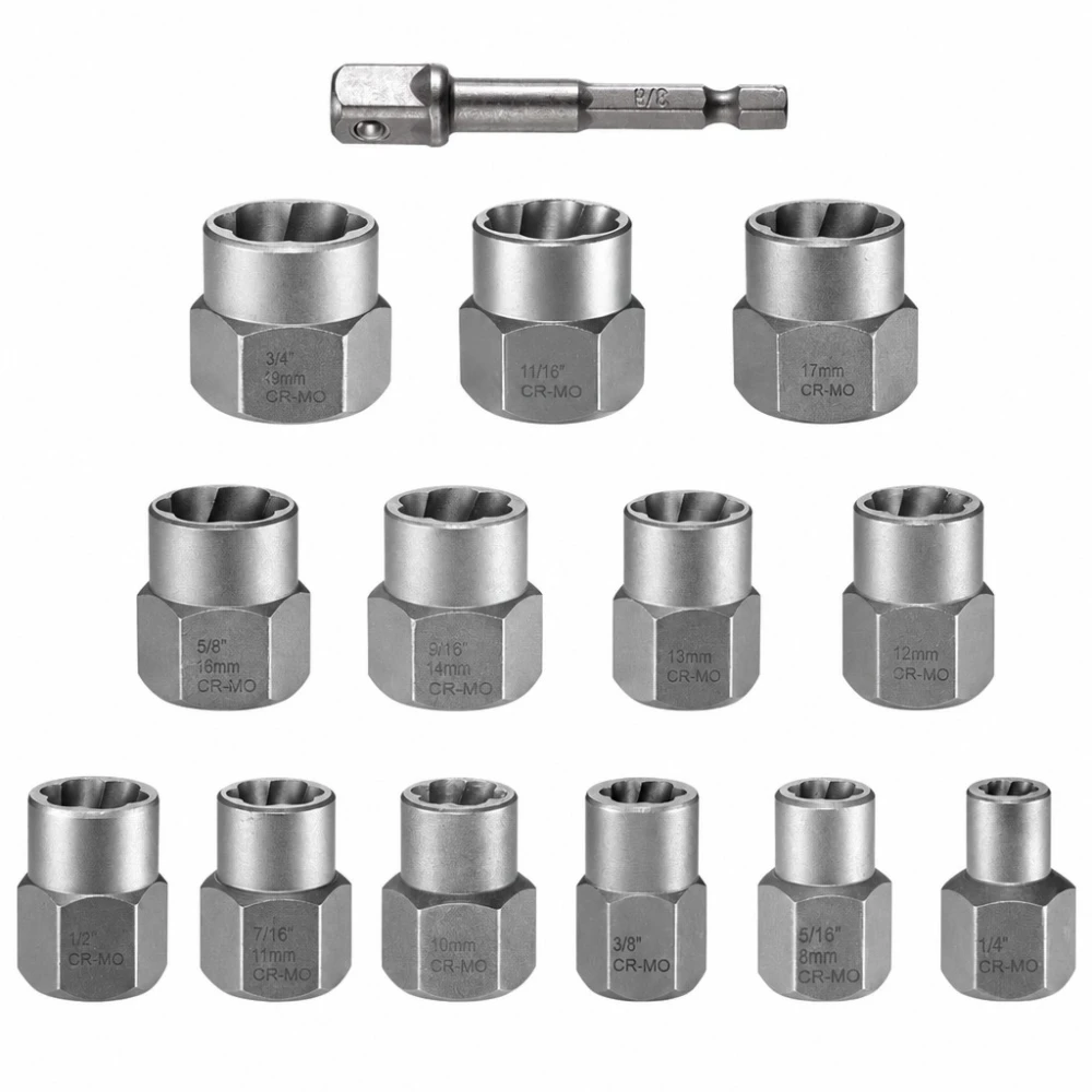 Juego Extractor Tornillos Tuercas Rotas 14 Piezas Acero HSS Saca Pernos Dañados