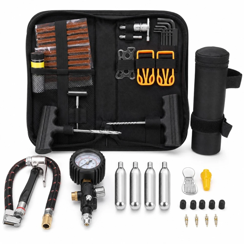 Kit Reparación Pinchazos Neumáticos Moto Bicicleta 81 Piezas Mechas Punzón Tubeless