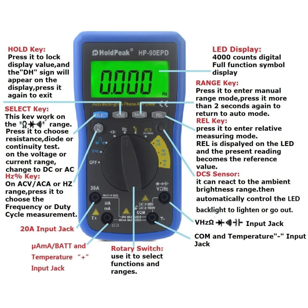 Multímetro digital HoldPeak HP-90EPD con caja y accesorios incluidos