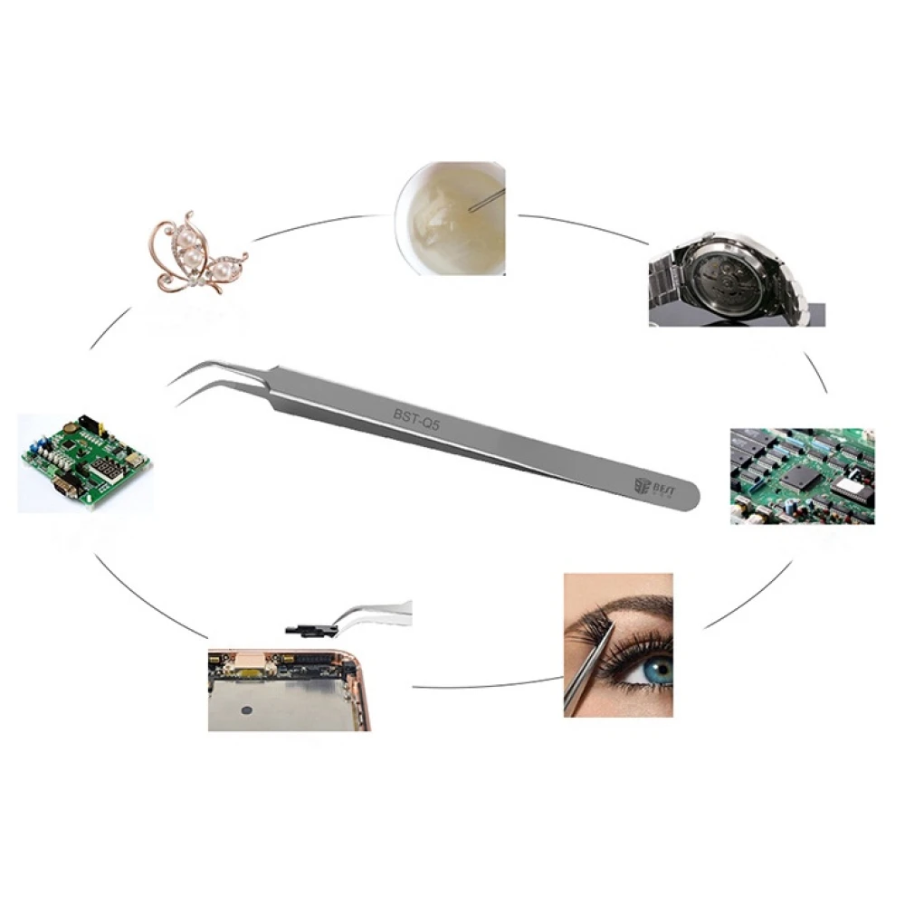 Pinzas Best Q5 para electrónica con detalle en acero inoxidable y punta curvada