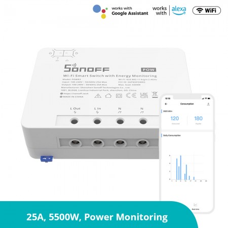 SONOFF Pow R3 - Interruptor inteligente WiFi de alta potência (com monitorização de energia), protecção contra sobrecarga, luz privada Meter，Compatible com Alexa e Google Home até 25A 5500W