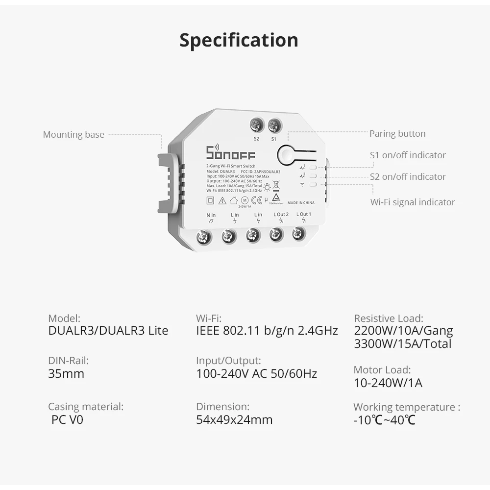 SONOFF DUAL R3 Interruptor inteligente dual con medición de potencia y control domótico