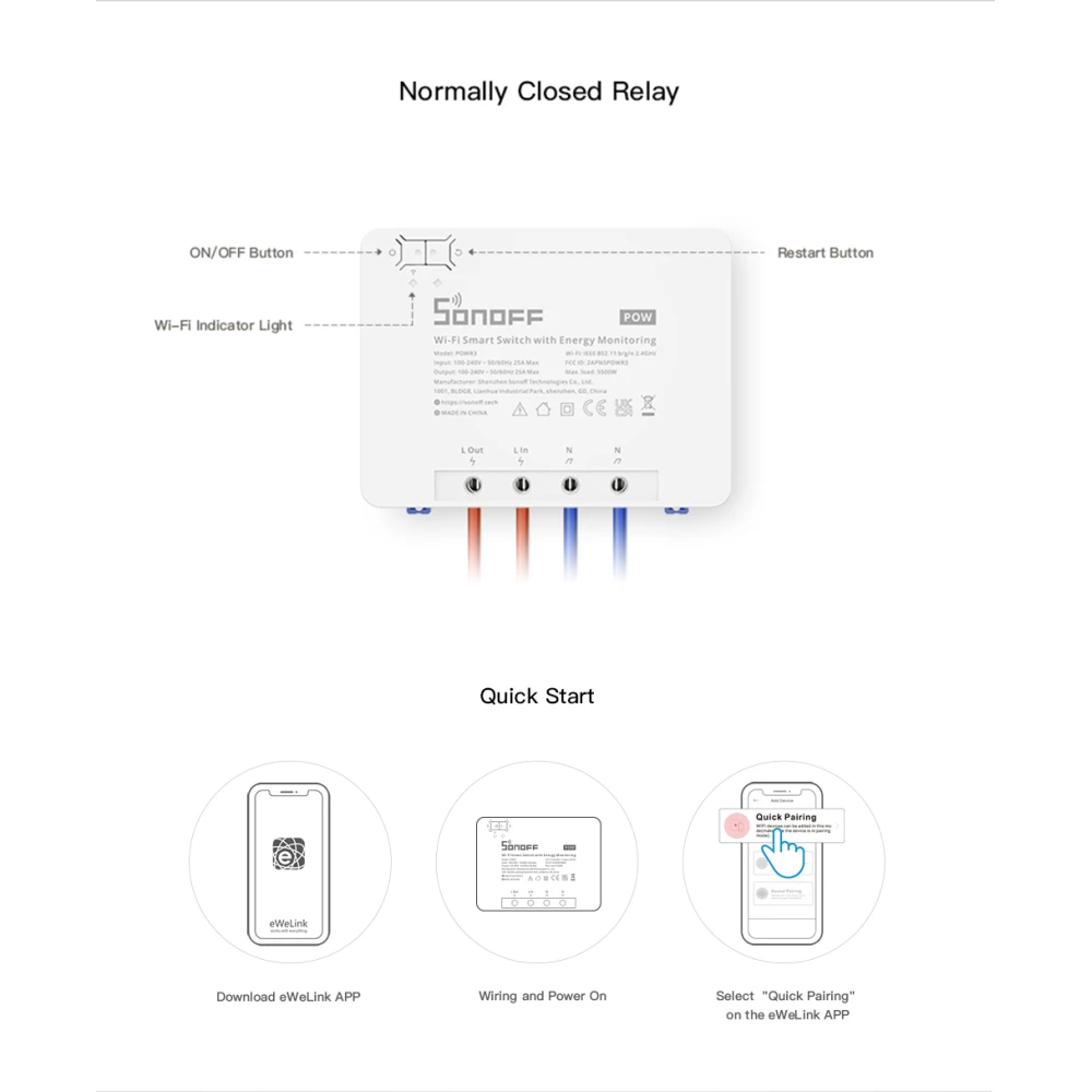 Vista frontal del interruptor inteligente SONOFF Pow R3 con monitorización energética